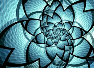 Blue spiral abstract shape design with layered geometric patterns and black outlines