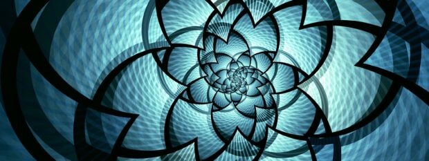 Blue spiral abstract shape design with layered geometric patterns and black outlines