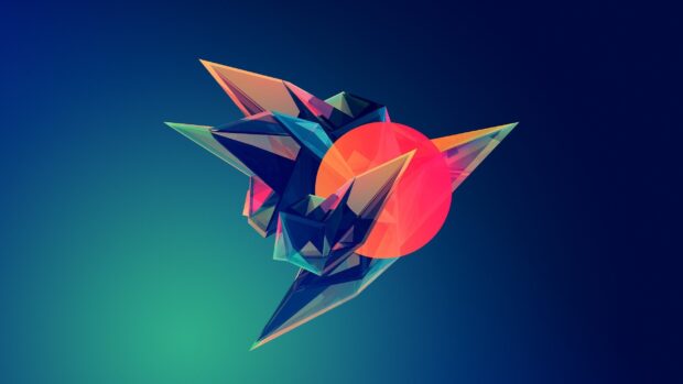 A colorful abstract shape with sharp edges and a red circle on a gradient blue background