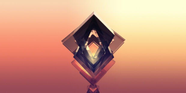 Transparent geometric abstract shape with layered diamond forms on a soft gradient background