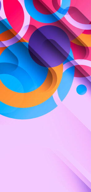 Colorful abstract shape composition with purple and orange overlays on pink background