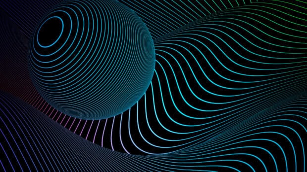 Blue abstract shape with curved lines forming a sphere and waves on a dark background