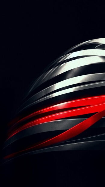 Metallic shape design with abstract red and silver curves on dark background