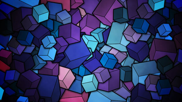 Abstract shape composed of various sized blue and purple cubes in a 3D arrangement