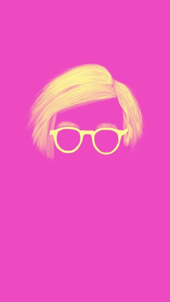 Minimalist illustration of Andy Warhol with yellow hair and glasses on pink background