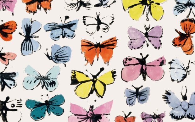 Colorful butterfly sketches by Andy Warhol in a pattern