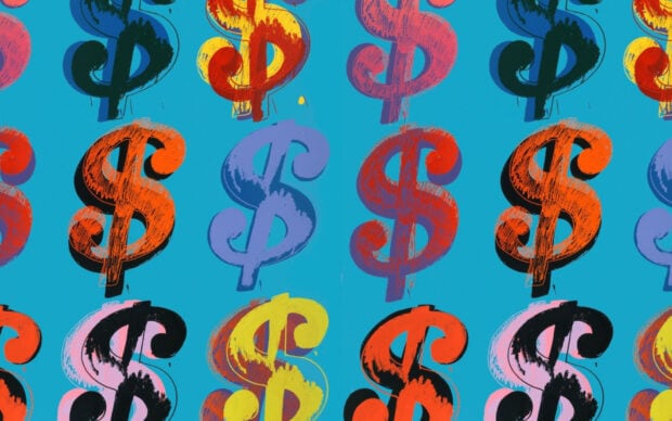 Colorful dollar sign art by Andy Warhol on a blue background