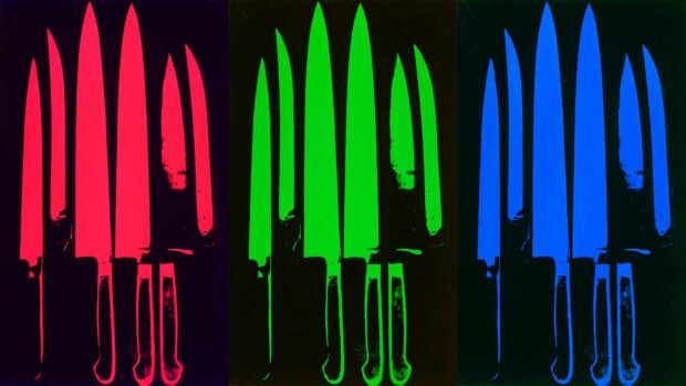 Colorful knives artwork by Andy Warhol in red green and blue tones