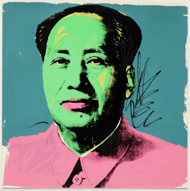 Pop art portrait featuring Mao Zedong in green and pink tones by Andy Warhol