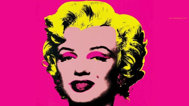 The classic Andy Warhol portrait of Marilyn Monroe with bright yellow hair and pink background