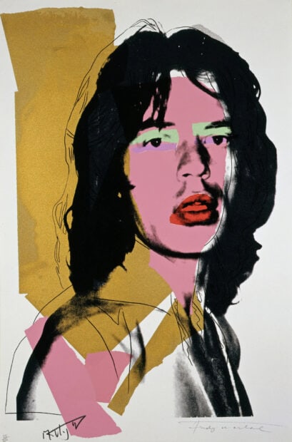 A colorful artistic portrait created by Andy Warhol featuring bold shapes and contrasting colors