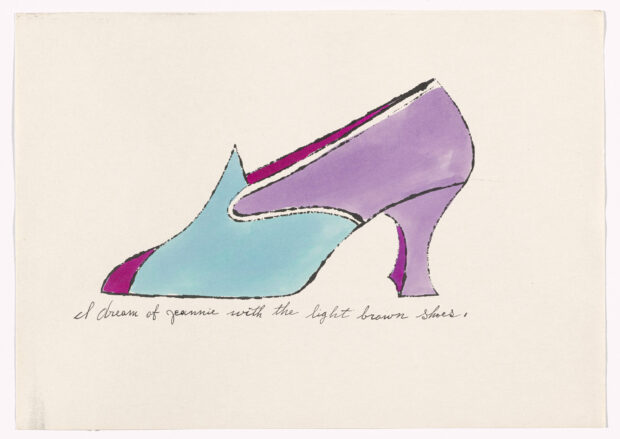 A colorful shoe sketch by Andy Warhol with blue and purple tones on white background