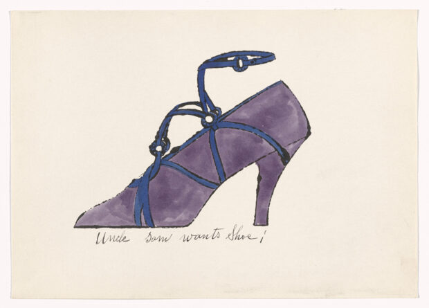 A purple high heel shoe with blue straps drawn by Andy Warhol