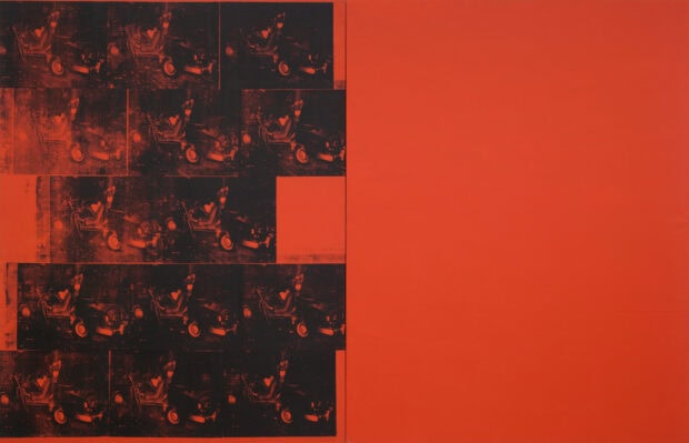 A series of black and red repeated prints depicting a person in a car by Andy Warhol