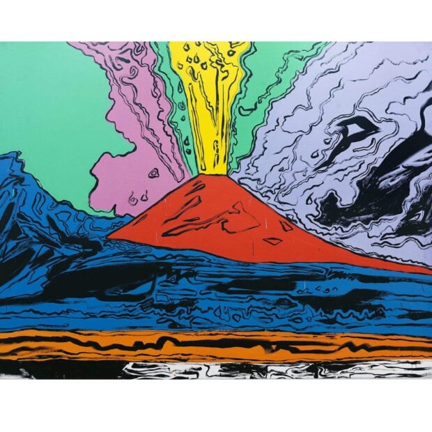 A bright colorful Andy Warhol volcano painting with vibrant hues and abstract smoke patterns