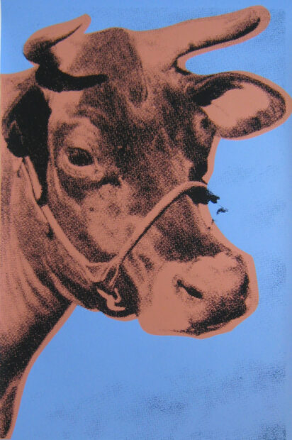 A portrait of a cow inspired by Andy Warhol art style with vibrant colors and blue background