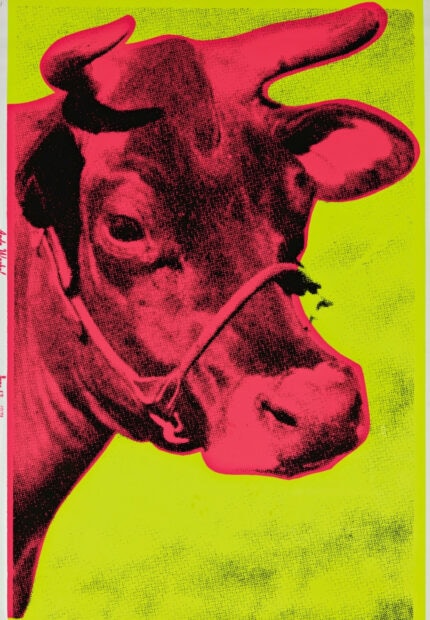 Close up of cow in bright pop art style by Andy Warhol
