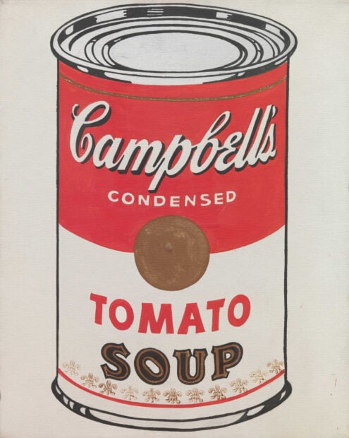 A Campbell soup can artwork representing Andy Warhol style on a white background