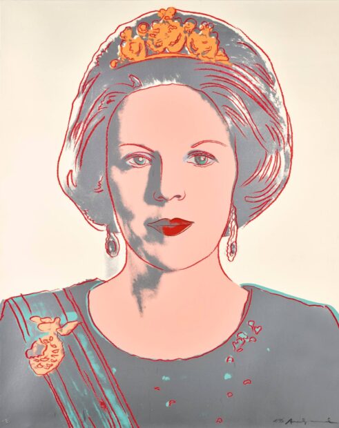 Portrait of a woman in Andy Warhol style featuring elegant jewelry and a crown