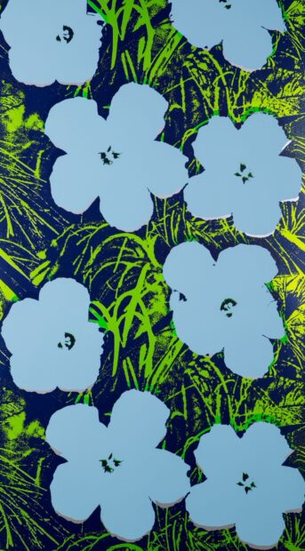 Blue flowers and green leaves in classic Andy Warhol style