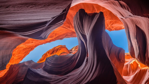 Stunning natural rock formations of Antelope Canyon with vibrant orange and purple layers