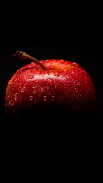 A close up of a fresh apple fruit covered with water droplets on a dark background