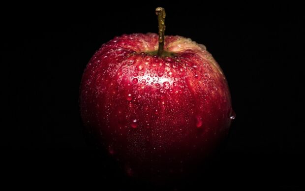 Fresh red apple fruit covered with water droplets on a black background
