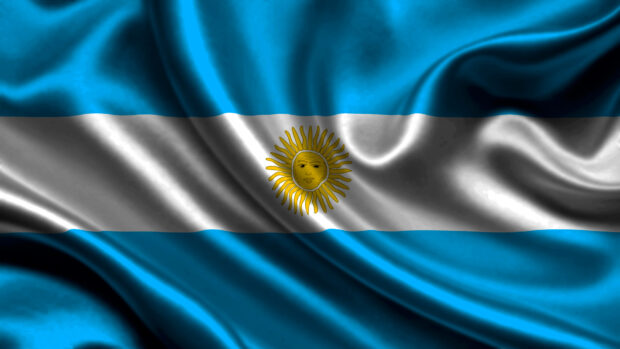 Waving Argentina flag with the sun symbol in high definition silk texture