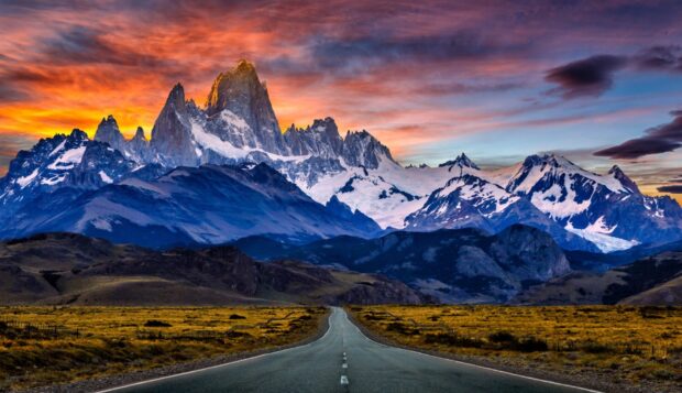 A scenic view of Argentina mountains with dramatic sunset lighting