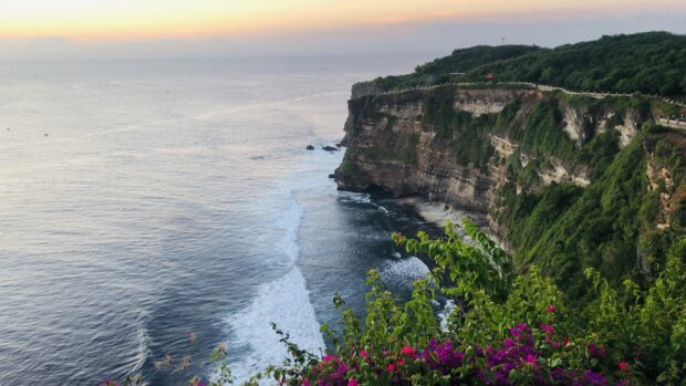 Bali cliff with lush greenery and vibrant flowers overlooking the ocean waves at sunset
