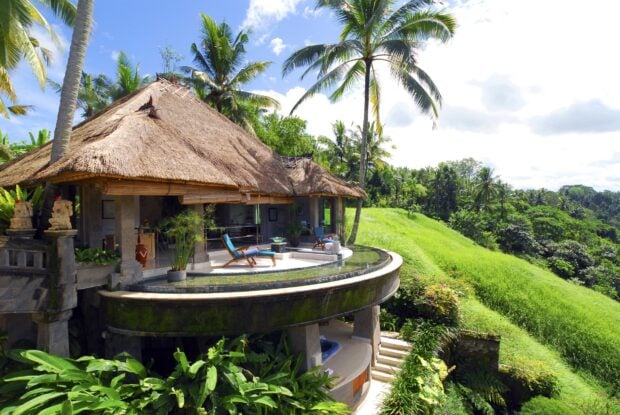Traditional Bali villa with tropical palm trees and lush greenery on a sunny day