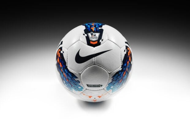 A high quality ball featuring the Premier League design and Nike logo on a white surface