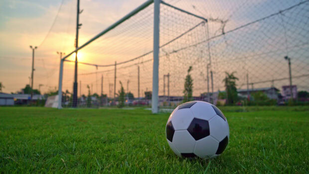 A classic soccer ball resting on green grass near a goal net during sunset