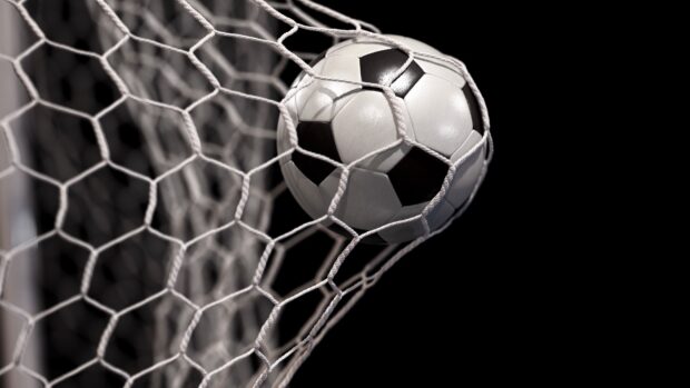 A soccer ball caught in the net showing a classic ball design