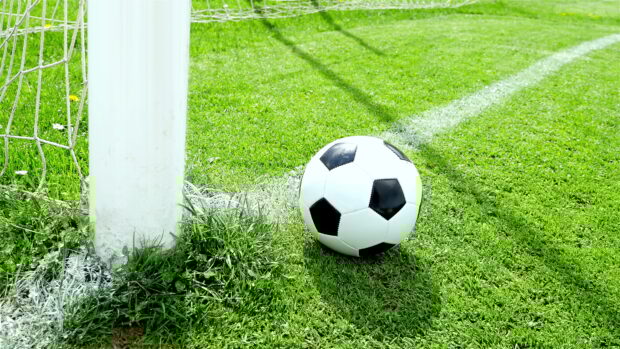 A soccer ball resting near the goalpost on the green grass field