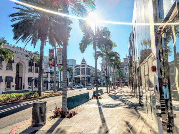 Sunny street view with palm trees in Beverly Hills cityscape