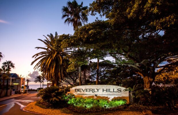 The Beverly Hills sign surrounded by palm trees and greenery at sunset