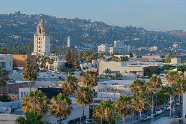 View of the Beverly Hills cityscape with palm trees and hills in the background