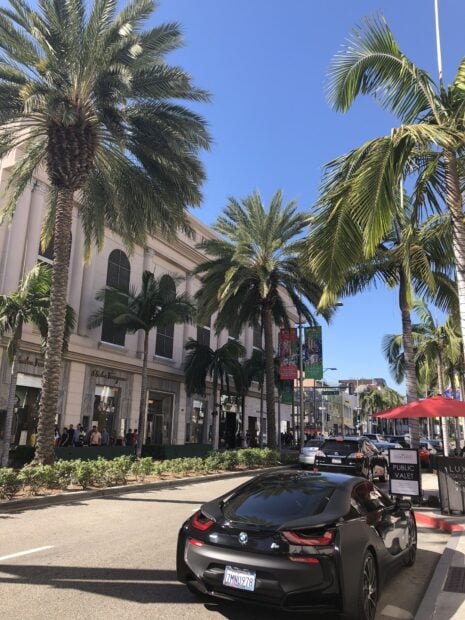 Luxury BMW car parked under palm trees in Beverly Hills street view