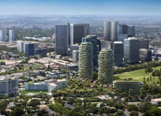 Modern architecture and greenery in Beverly Hills cityscape viewed from above