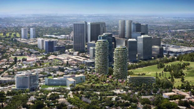 Modern architecture and greenery in Beverly Hills cityscape viewed from above