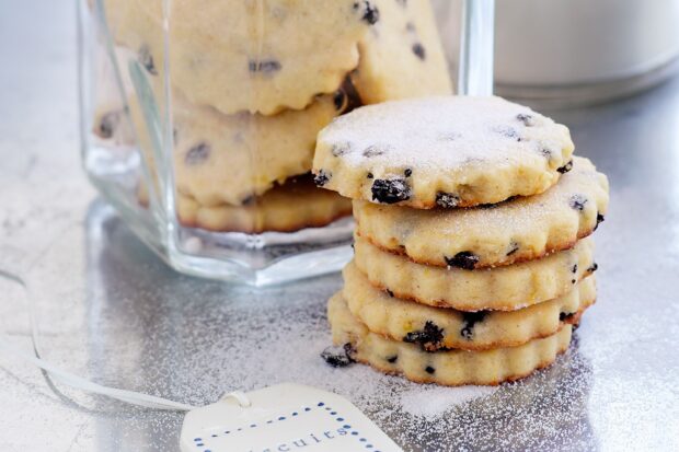 A stack of biscuit with raisins dusted with powdered sugar on a table