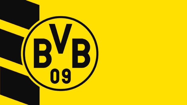 The Borussia Dortmund logo with black and yellow stripes on a bright yellow background