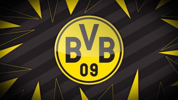 Borussia Dortmund logo with sharp yellow and black design elements on a striped background