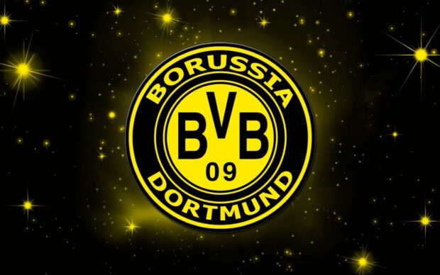 Borussia Dortmund logo with stars and glowing effects in yellow and black background