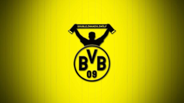 Silhouette of Borussia Dortmund logo with a fan holding a scarf on a yellow background