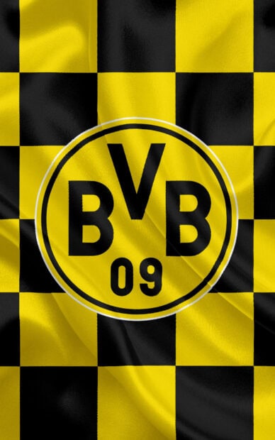 Close up of Borussia Dortmund logo on a yellow and black checkered fabric flag