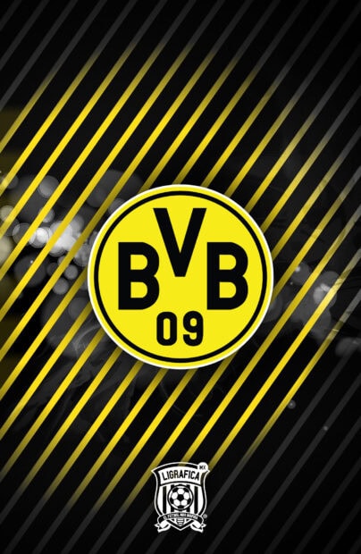 Borussia Dortmund logo symbol on a yellow and black striped background