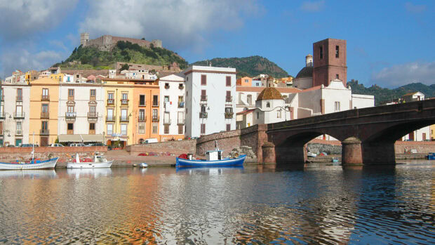 Historical architecture and colorful buildings along the river in Bosa Italy