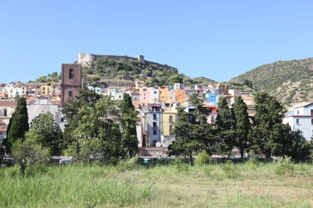 Colorful buildings of Bosa Italy with lush greenery and a hill in the background
